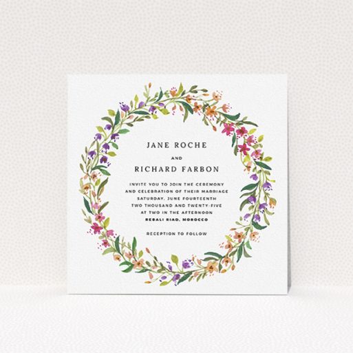 Personalised Wedding Invitation Design - "Spring Florist" A personalised wedding invitation named "Spring Florist". It is a square (148mm x 148mm) invite in a square orientation. "Spring Florist" is available as a flat invite, with tones of light green and orange.