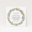 A personalised wedding invitation named "Spring Florist". It is a square (148mm x 148mm) invite in a square orientation. "Spring Florist" is available as a flat invite, with tones of light green and orange.