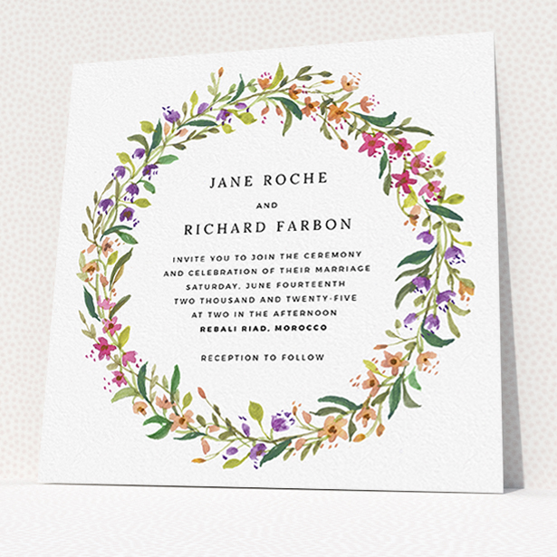 A personalised wedding invitation named "Spring Florist". It is a square (148mm x 148mm) invite in a square orientation. "Spring Florist" is available as a flat invite, with tones of light green and orange.