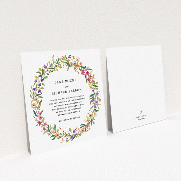 A personalised wedding invitation named "Spring Florist". It is a square (148mm x 148mm) invite in a square orientation. "Spring Florist" is available as a flat invite, with tones of light green and orange.