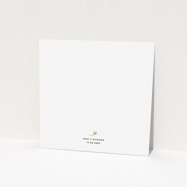 A personalised wedding invitation named "Spring Florist". It is a square (148mm x 148mm) invite in a square orientation. "Spring Florist" is available as a flat invite, with tones of light green and orange.