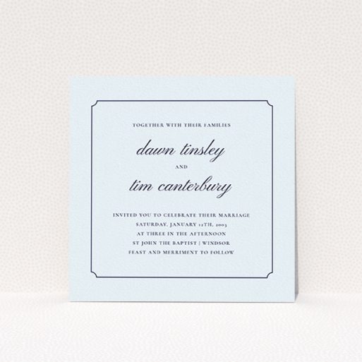 Personalised Wedding Invitation - Square Slant (Light Blue) A personalised wedding invitation design called "Square slant". It is a square (148mm x 148mm) invite in a square orientation. "Square slant" is available as a flat invite, with mainly light blue colouring.