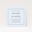 A personalised wedding invitation design called "Square slant". It is a square (148mm x 148mm) invite in a square orientation. "Square slant" is available as a flat invite, with mainly light blue colouring.