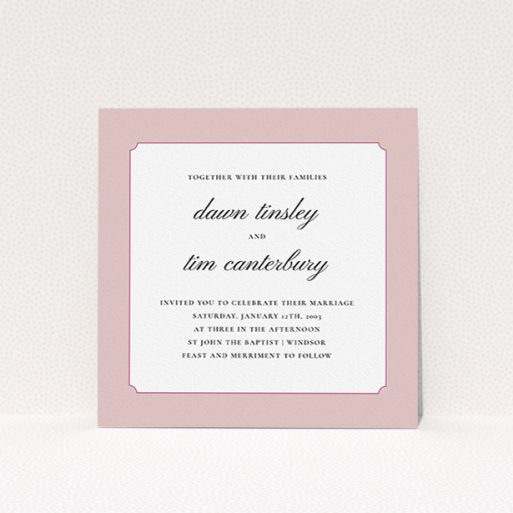 Personalised Wedding Invitation - Square Slant (Pink And White) A personalised wedding invitation design titled "Square slant". It is a square (148mm x 148mm) invite in a square orientation. "Square slant" is available as a flat invite, with tones of pink and white.