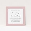 A personalised wedding invitation design titled "Square slant". It is a square (148mm x 148mm) invite in a square orientation. "Square slant" is available as a flat invite, with tones of pink and white.