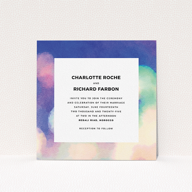 A personalised wedding invitation named "Street lights". It is a square (148mm x 148mm) invite in a square orientation. "Street lights" is available as a flat invite, with tones of blue, cream and light green.
