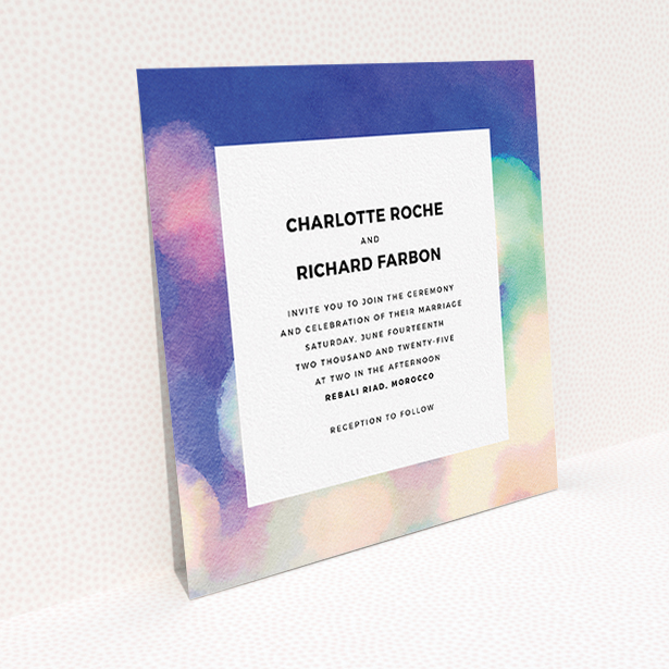 A personalised wedding invitation named "Street lights". It is a square (148mm x 148mm) invite in a square orientation. "Street lights" is available as a flat invite, with tones of blue, cream and light green.