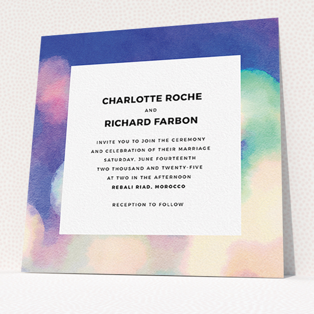 A personalised wedding invitation named "Street lights". It is a square (148mm x 148mm) invite in a square orientation. "Street lights" is available as a flat invite, with tones of blue, cream and light green.