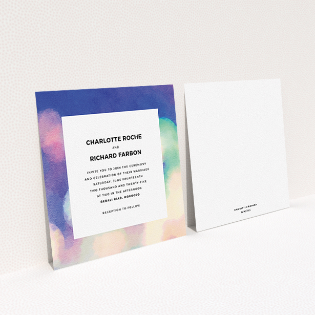 A personalised wedding invitation named "Street lights". It is a square (148mm x 148mm) invite in a square orientation. "Street lights" is available as a flat invite, with tones of blue, cream and light green.