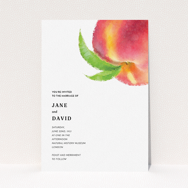 A personalised wedding invitation named "Summer peach". It is an A5 invite in a portrait orientation. "Summer peach" is available as a flat invite, with tones of white, orange and green.