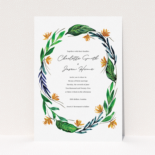 A personalised wedding invitation named "Summer Whirl Wreath". It is an A5 invite in a portrait orientation. "Summer Whirl Wreath" is available as a flat invite, with tones of green, dark blue and orange.