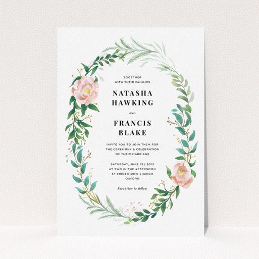 Personalised Wedding Invitation Design - "Summer Wreath Portrait" A personalised wedding invitation design called "Summer Wreath Portrait". It is an A5 invite in a portrait orientation. "Summer Wreath Portrait" is available as a flat invite, with tones of white, light green and pink.