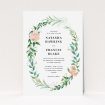 A personalised wedding invitation design called "Summer Wreath Portrait". It is an A5 invite in a portrait orientation. "Summer Wreath Portrait" is available as a flat invite, with tones of white, light green and pink.