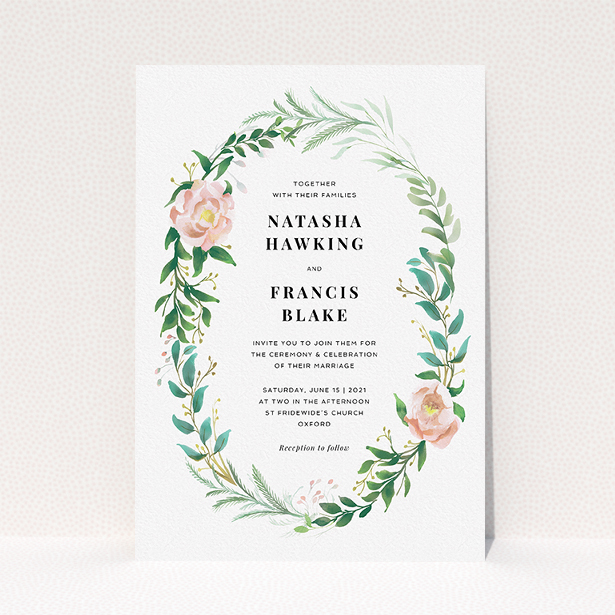 A personalised wedding invitation design called "Summer Wreath Portrait". It is an A5 invite in a portrait orientation. "Summer Wreath Portrait" is available as a flat invite, with tones of white, light green and pink.