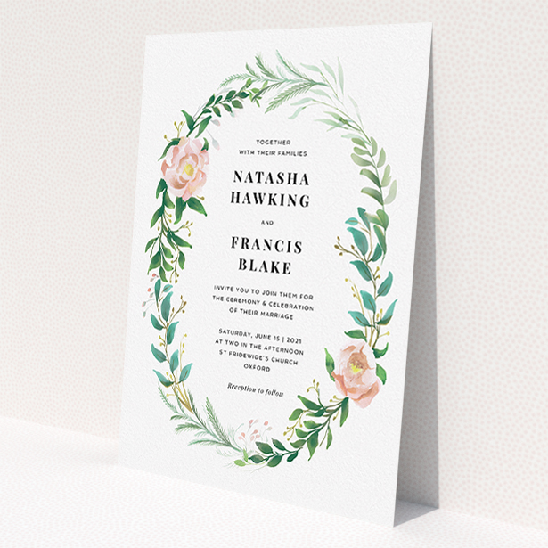 A personalised wedding invitation design called "Summer Wreath Portrait". It is an A5 invite in a portrait orientation. "Summer Wreath Portrait" is available as a flat invite, with tones of white, light green and pink.