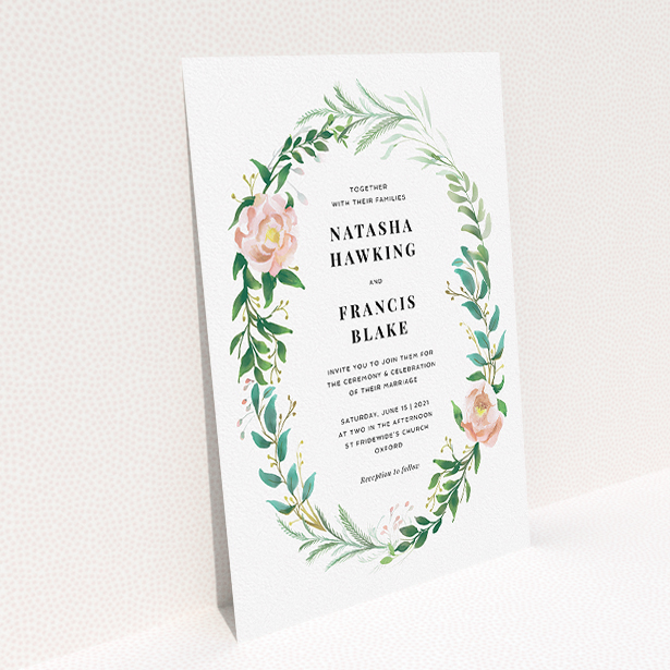 A personalised wedding invitation design called "Summer Wreath Portrait". It is an A5 invite in a portrait orientation. "Summer Wreath Portrait" is available as a flat invite, with tones of white, light green and pink.