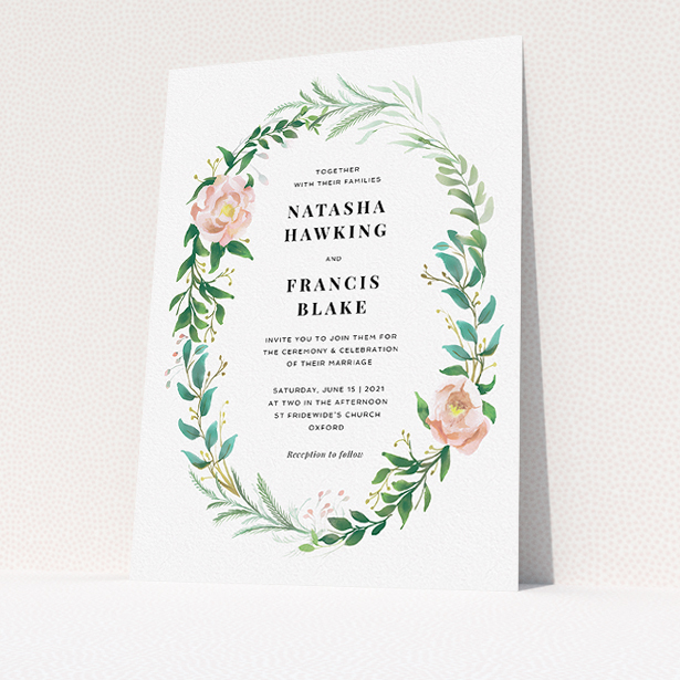 A personalised wedding invitation design called "Summer Wreath Portrait". It is an A5 invite in a portrait orientation. "Summer Wreath Portrait" is available as a flat invite, with tones of white, light green and pink.