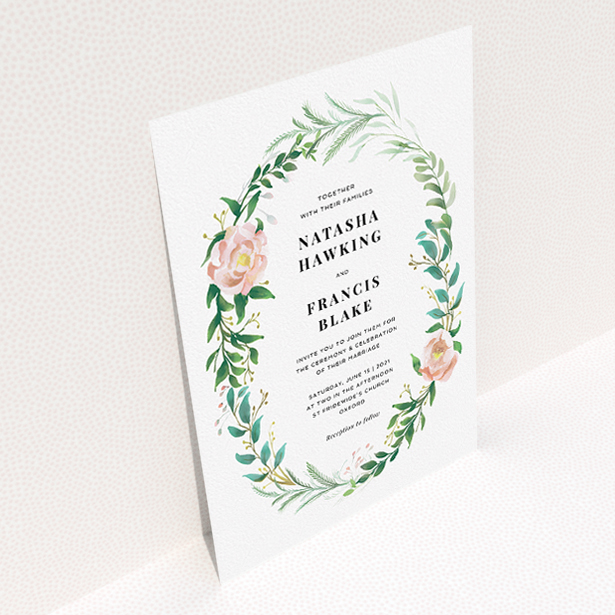 A personalised wedding invitation design called "Summer Wreath Portrait". It is an A5 invite in a portrait orientation. "Summer Wreath Portrait" is available as a flat invite, with tones of white, light green and pink.