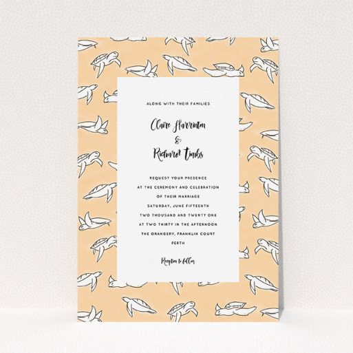 Personalised Wedding Invitation Design - "Sunset Turtles" A personalised wedding invitation called "Sunset Turtles". It is an A5 invite in a portrait orientation. "Sunset Turtles" is available as a flat invite, with tones of faded orange and white.