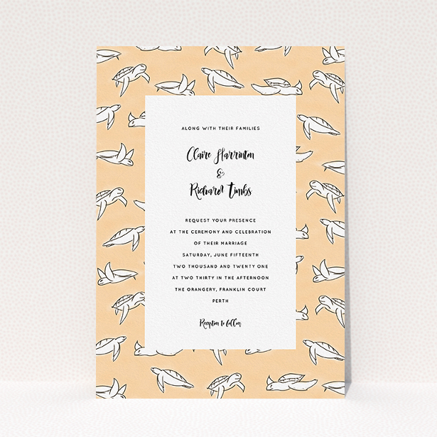 A personalised wedding invitation called "Sunset Turtles". It is an A5 invite in a portrait orientation. "Sunset Turtles" is available as a flat invite, with tones of faded orange and white.