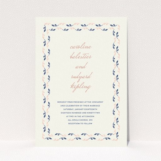 Personalised Wedding Invitation Design - "Swimming in the garden" A personalised wedding invitation named "Swimming in the garden". It is an A5 invite in a portrait orientation. "Swimming in the garden" is available as a flat invite, with tones of cream, pink and navy blue.