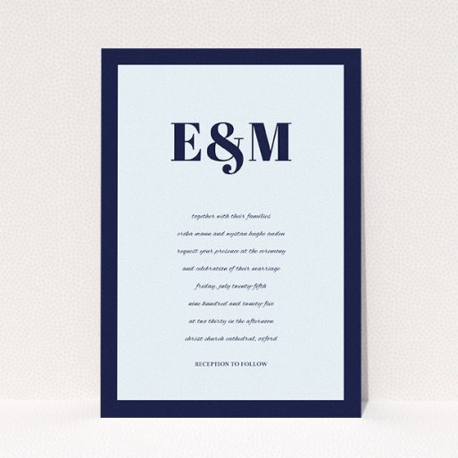 Wedding Invitation Card - Take On The Sides (Light Blue) A personalised wedding invitation design called "Take on the sides". It is an A5 invite in a portrait orientation. "Take on the sides" is available as a flat invite, with mainly blue colouring.