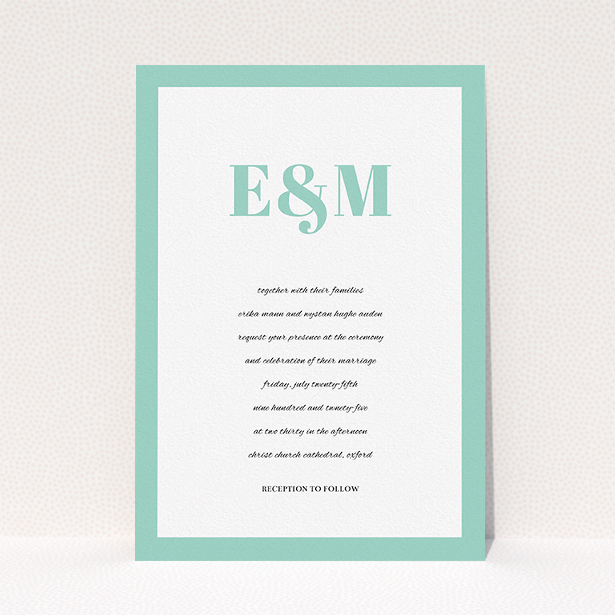 A personalised wedding invitation called "Take on the sides". It is an A5 invite in a portrait orientation. "Take on the sides" is available as a flat invite, with tones of green and white.