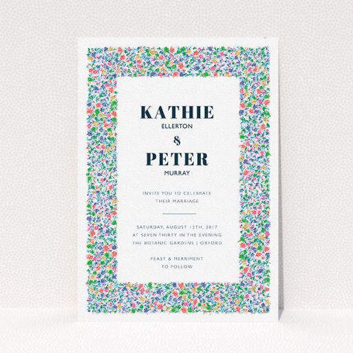 Personalised Wedding Invitation Design - "The faraway garden" A personalised wedding invitation called "The faraway garden". It is an A5 invite in a portrait orientation. "The faraway garden" is available as a flat invite, with tones of white, blue and green.