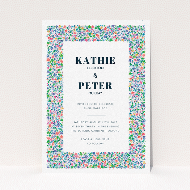 A personalised wedding invitation called "The faraway garden". It is an A5 invite in a portrait orientation. "The faraway garden" is available as a flat invite, with tones of white, blue and green.