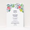 A personalised wedding invitation named "The flowerbed". It is an A5 invite in a portrait orientation. "The flowerbed" is available as a flat invite, with mainly green colouring.