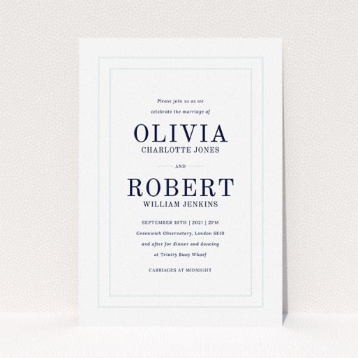 Personalised Wedding Invitation Design - "Thick White and Blue" A personalised wedding invitation template titled "Thick White and Blue". It is an A5 invite in a portrait orientation. "Thick White and Blue" is available as a flat invite, with tones of blue and white.