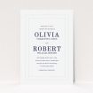 A personalised wedding invitation template titled "Thick White and Blue". It is an A5 invite in a portrait orientation. "Thick White and Blue" is available as a flat invite, with tones of blue and white.