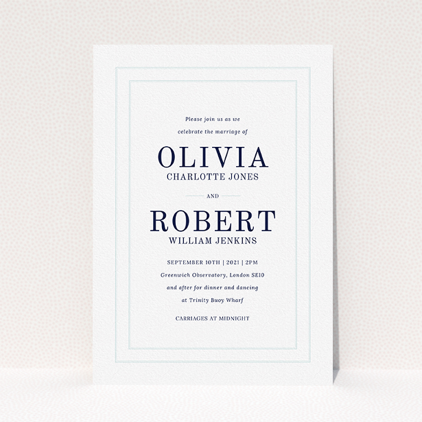 A personalised wedding invitation template titled "Thick White and Blue". It is an A5 invite in a portrait orientation. "Thick White and Blue" is available as a flat invite, with tones of blue and white.