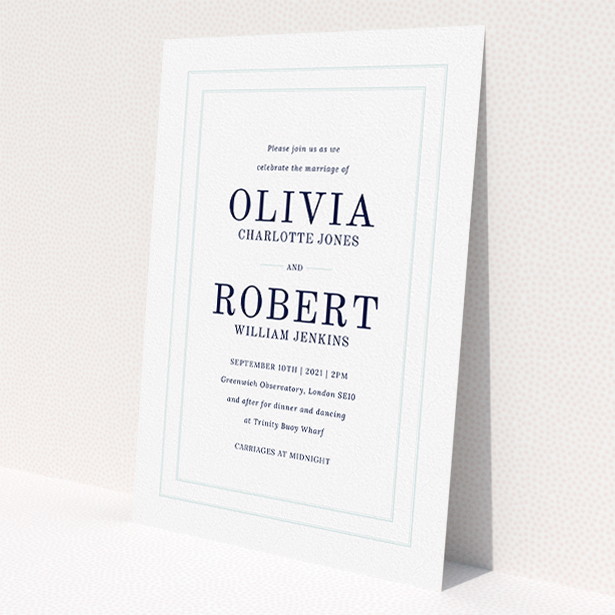 A personalised wedding invitation template titled "Thick White and Blue". It is an A5 invite in a portrait orientation. "Thick White and Blue" is available as a flat invite, with tones of blue and white.
