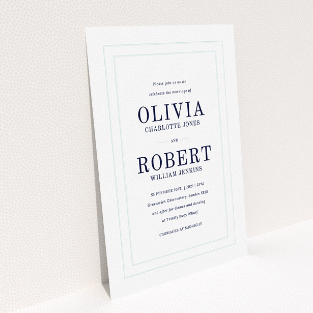 A personalised wedding invitation template titled "Thick White and Blue". It is an A5 invite in a portrait orientation. "Thick White and Blue" is available as a flat invite, with tones of blue and white.