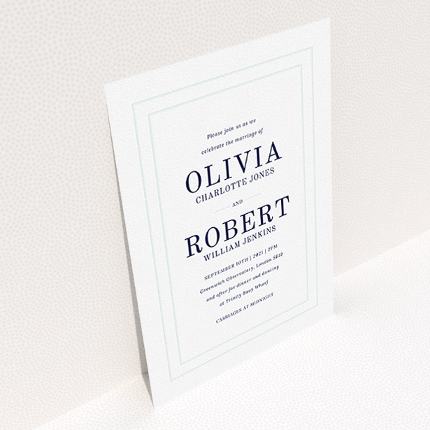 A personalised wedding invitation template titled "Thick White and Blue". It is an A5 invite in a portrait orientation. "Thick White and Blue" is available as a flat invite, with tones of blue and white.