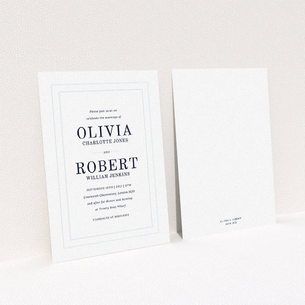 A personalised wedding invitation template titled "Thick White and Blue". It is an A5 invite in a portrait orientation. "Thick White and Blue" is available as a flat invite, with tones of blue and white.