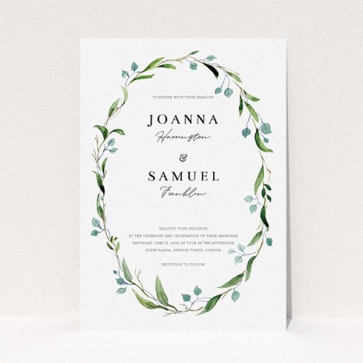 Personalised Wedding Invitation Design - "Thin Watercolour Wreath" A personalised wedding invitation named "Thin Watercolour Wreath". It is an A5 invite in a portrait orientation. "Thin Watercolour Wreath" is available as a flat invite, with tones of blue and green.