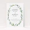 A personalised wedding invitation named "Thin Watercolour Wreath". It is an A5 invite in a portrait orientation. "Thin Watercolour Wreath" is available as a flat invite, with tones of blue and green.