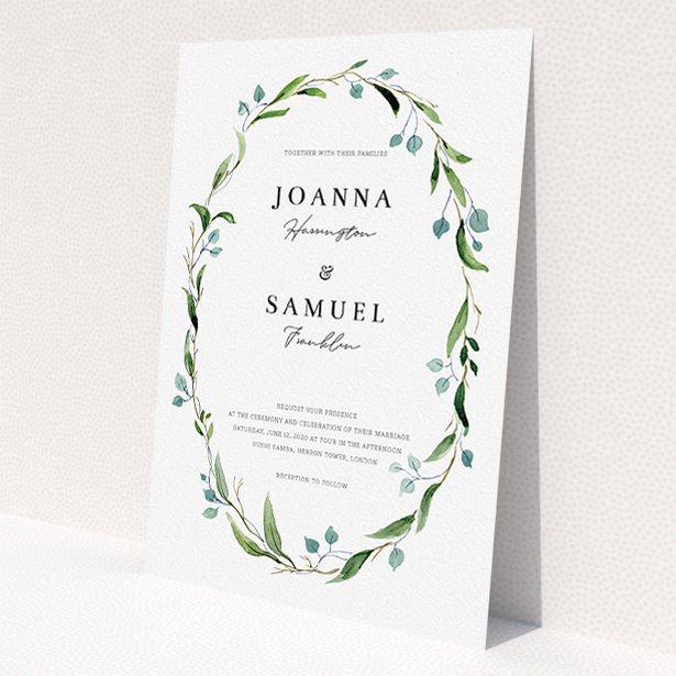 A personalised wedding invitation named "Thin Watercolour Wreath". It is an A5 invite in a portrait orientation. "Thin Watercolour Wreath" is available as a flat invite, with tones of blue and green.
