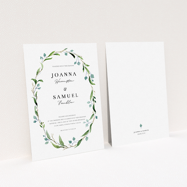 A personalised wedding invitation named "Thin Watercolour Wreath". It is an A5 invite in a portrait orientation. "Thin Watercolour Wreath" is available as a flat invite, with tones of blue and green.