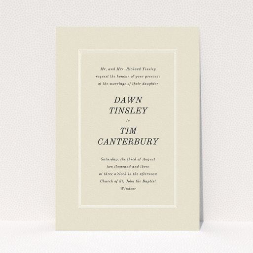 Personalised Wedding Invitation Design - "Three line border" A personalised wedding invitation design titled "Three line border". It is an A5 invite in a portrait orientation. "Three line border" is available as a flat invite, with mainly dark cream colouring.