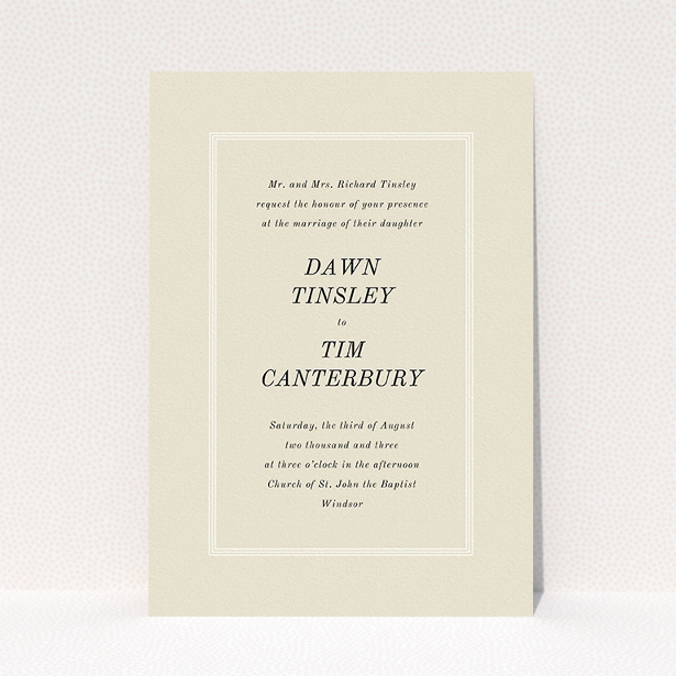 A personalised wedding invitation design titled "Three line border". It is an A5 invite in a portrait orientation. "Three line border" is available as a flat invite, with mainly dark cream colouring.
