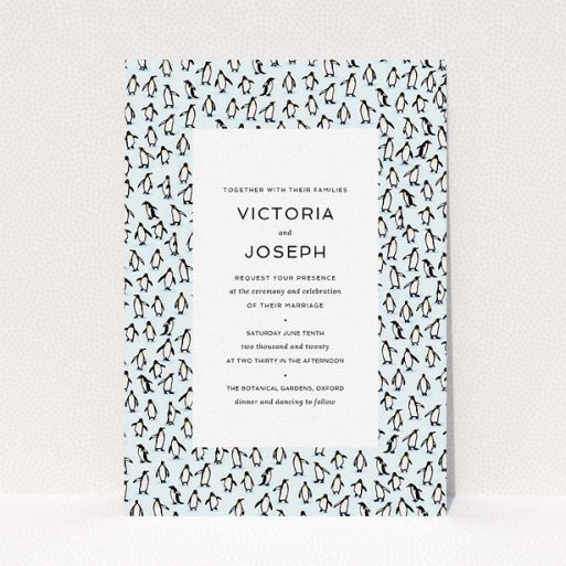 Personalised Wedding Invitation Design - "Tiny, Tiny Penguins" A personalised wedding invitation called "Tiny, Tiny Penguins". It is an A5 invite in a portrait orientation. "Tiny, Tiny Penguins" is available as a flat invite, with tones of blue and white.