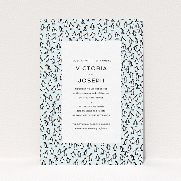 A personalised wedding invitation called "Tiny, Tiny Penguins". It is an A5 invite in a portrait orientation. "Tiny, Tiny Penguins" is available as a flat invite, with tones of blue and white.