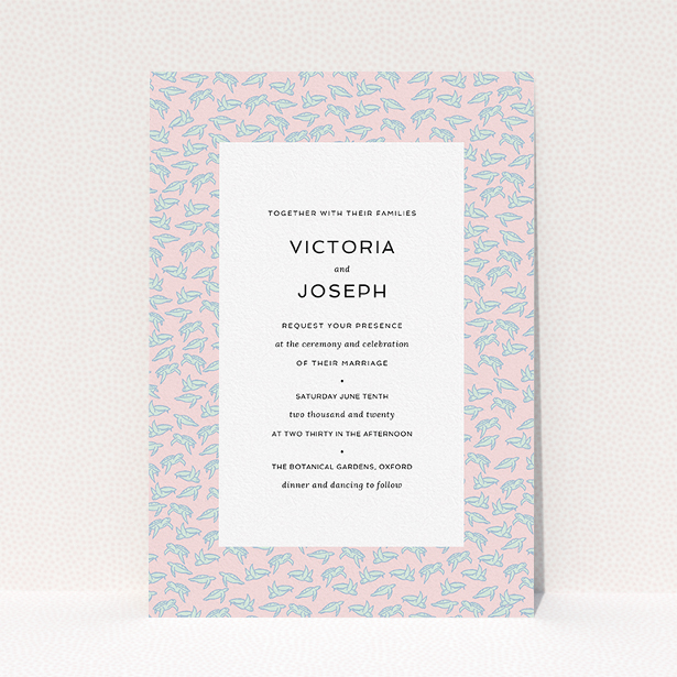 A personalised wedding invitation design named "Tiny, Tiny Turtles". It is an A5 invite in a portrait orientation. "Tiny, Tiny Turtles" is available as a flat invite, with tones of blue and pink.
