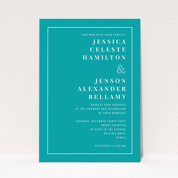 A personalised wedding invitation design named "To the right". It is an A5 invite in a portrait orientation. "To the right" is available as a flat invite, with tones of green and white.