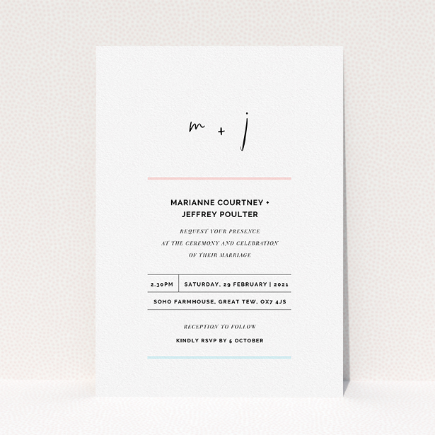 A personalised wedding invitation design called "Top and Bottom". It is an A5 invite in a portrait orientation. "Top and Bottom" is available as a flat invite, with tones of blue and pink.