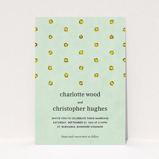 Personalised Wedding Invitation Design - "Turquoise polkadots" A personalised wedding invitation design named "Turquoise polkadots". It is an A5 invite in a portrait orientation. "Turquoise polkadots" is available as a flat invite, with tones of green and yellow.