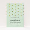 A personalised wedding invitation design named "Turquoise polkadots". It is an A5 invite in a portrait orientation. "Turquoise polkadots" is available as a flat invite, with tones of green and yellow.